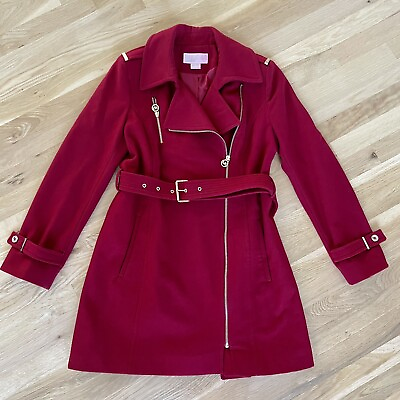 #ad MICHAEL Michael Kors Womens Red Asymmetrical Belted Wool Coat Peacoat Size 6