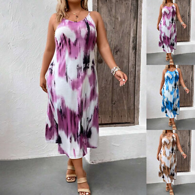 #ad Summer Women Boho Tie Dye Midi Dress Lady Holiday Sleeveless Casual Loose Dress