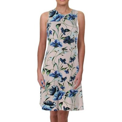 #ad Lauren Ralph Lauren trapeze dress blush blue floral stretch jersey sleeveless 16