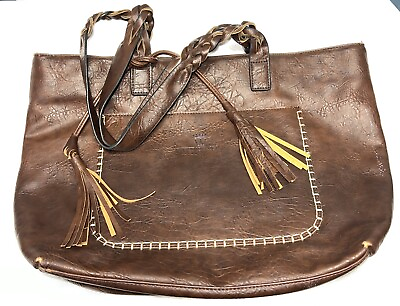 #ad Weimeibaige Shoulder Bag Faux Leather Tote Purse Brown Braided Straps Tassel