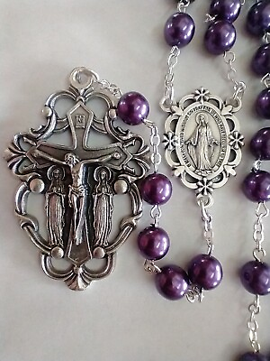 #ad Beautiful Catholic Purple Glass Faux Pearl Rosary MM Ctr Ornate Crucifix