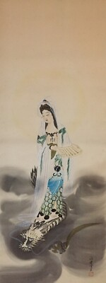 #ad U0632 Japanese Vintage Hanging Scroll KAKEJIKU Hand Paint Silk Kannon God Dragon