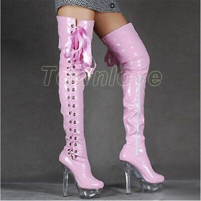 #ad New Over Knee Boots Women#x27;s Lace Up Boots 15cm Thin High Heels Women Boots