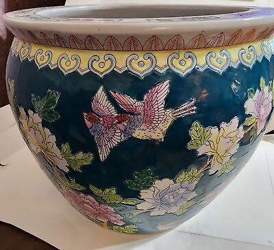 #ad 12quot; Vintage Chinese Koi Fish Porcelain Jardiniere Blue with Floral Fish Bowl