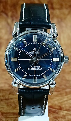#ad Antique Swiss Vintage Roamer ST96 17 Jewels Hand Wind Blue Dial Men#x27;s Wristwatch