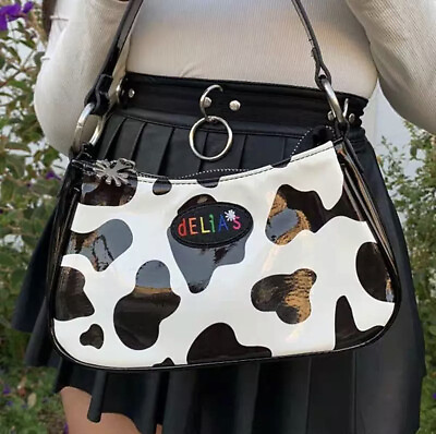 Vintage PU leather baguette bag cute sweet cow pattern spot handbag mini underar $25.90