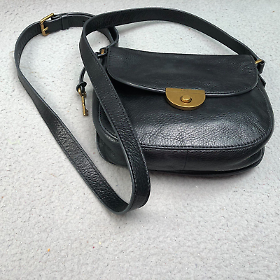 Fossil Leather Crossbody Purse Black Leather Flap Pockets Handbag Bag Brass Key
