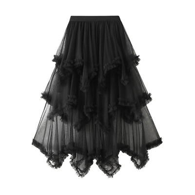 #ad Women Midi Asymmetric Layered Mesh Tulle Dance Skirt Elastic Waist Ruffle Tutu