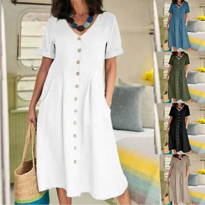#ad #ad Womens Midi Dress Cotton Linen Ladies V Neck Summer Beach Sundress Plus Size