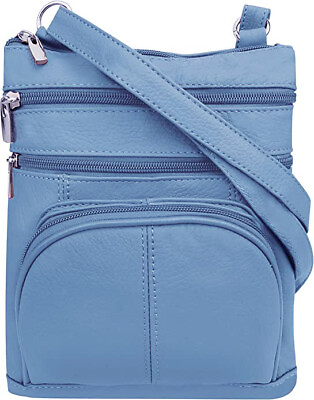 #ad New BLUE Leathers Crossbody Zippered Purse Bag 5 Pockets Adjustable Strap
