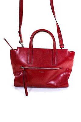 #ad Trussardi Womens Leather Silver Tone Crossbody Tote Shoulder Handbag Red