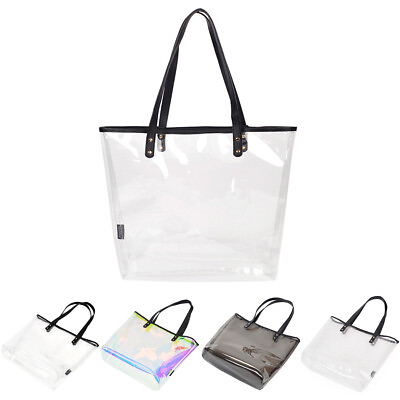 #ad Premium Large Transparent TPU Tote w Vegan Leather Strap Shoulder Bag Handbag