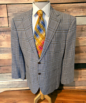 #ad Knot Standard Bespoke Blazer Sz 44R Blue Brown Plaid 100% Wool Sport Coat Jacket