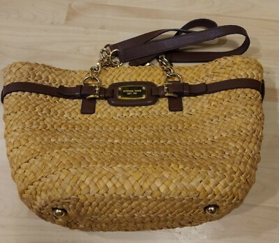 #ad Michael Kors Woven Straw Brown Patent Leather Shoulder Bag