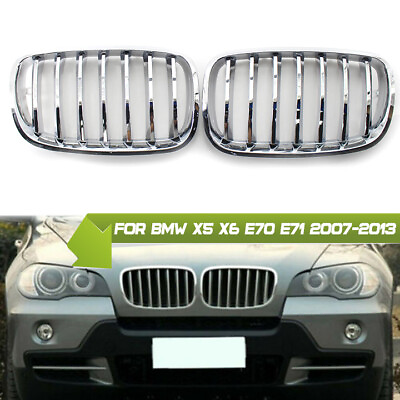#ad 1 Pair For BMW X5 X6 E70 E71 2007 2013 Chrome Silver Grill Front Bumper Grille