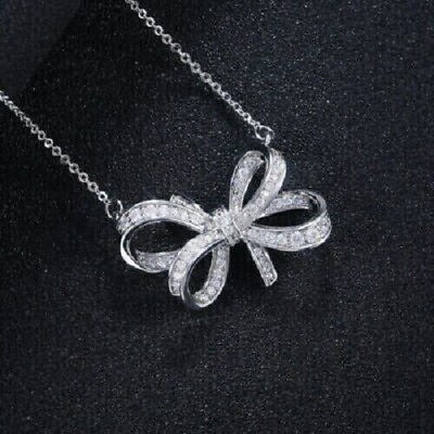 #ad Stunning Bow Knot Pendant 14K White Gold Plated 1.30Ct Round Simulated Diamond