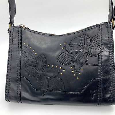 #ad Frye Leather Handbags Studded Floral Zip Crossbody Black