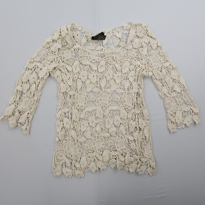 #ad Design Works Womens Crochet Lace Shirt Size Small Sheer Light Beige Cream Boho