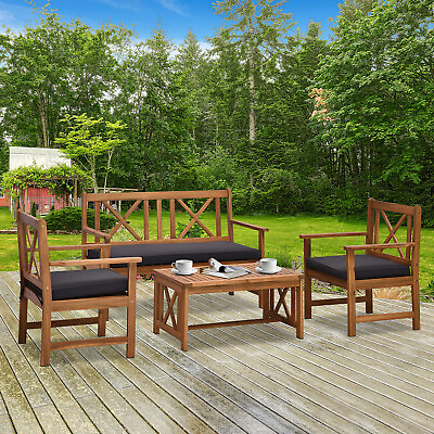 #ad 4 Piece Acacia Wood Backyard Conversation Chat Seating Set w Cushions Teak Grey