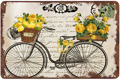 #ad Retro Tin Sign Vintage Lemon and Roses Bicycle Kitchen Decor Summer Decor Funny
