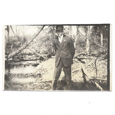 #ad Antique Snapshot Photo Handsome Young Man w Top Hat Woods Nature Vintage C1919