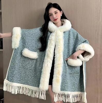 #ad Womens Hooded Faux Fur Collar Tassel Cloak Loose Winter Warm Poncho Outwear Coat