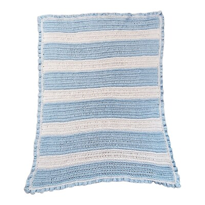 #ad Hand Crocheted Baby Crib Blanket Afghan Blue White Stripe Handmade 32quot; X 38quot;