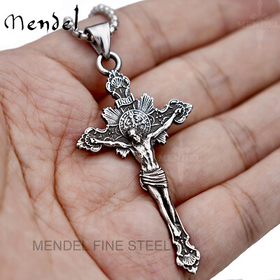 MENDEL Mens Stainless Steel Jesus Christ Face Crucifix Cross Pendant Necklace