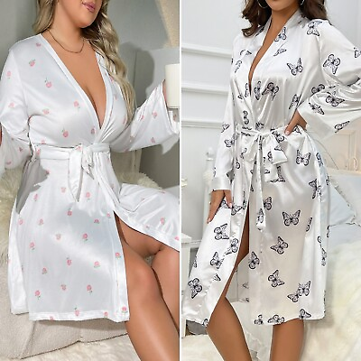 #ad Women Satin Kimono Bathrobe Sleepwear Robe Silk Sexy Long Nightgown Babydoll US