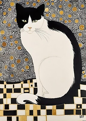 #ad 5x7 Cat Black White Art Deco Vintage Style Print Painting By Artist Luna A1