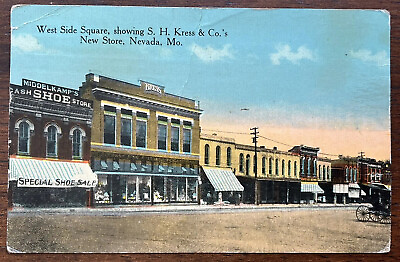 #ad Nevada Missouri Street Scene Kress Store Buggy Vintage Postcard c1910