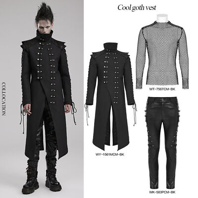 #ad Punk Rave Men Goth Coat Asymmetric Stand Collar Eyelet Drawstring Design Jacket