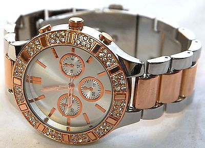 #ad NEW Ladies Embellished Two Tone Rose Gold Silver Crystal Bezel Fashion Watch