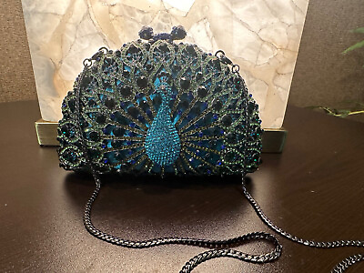 #ad EUC LUX MOB Small Jewel Turquoise Peacock Sparkly Clutch Evening Purse w Strap
