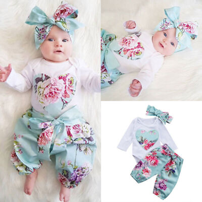 #ad Newborn Baby Girl Clothes Long Sleeve Bodysuit Floral Pants Headbands Outfits