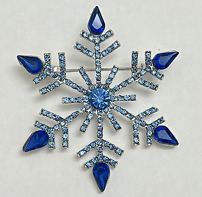 #ad Royal Blue Crystal Glass Rhinestone Christmas Snowflake Brooch Pin Large Vintage