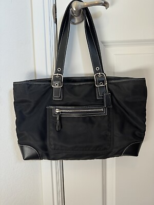 #ad Coach Handbag Satchel Black Nylon L32 4450 Logo Satin Lining Leather Handles