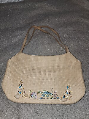 #ad Fossil Forever Handbag Woven Straw Beaded Embroidered Purse Fish Shell Vintage