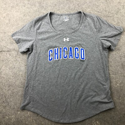 #ad Chicago Cubs Shirt Womens XL Gray Spell Out Baseball Short Sleeve Under Armour