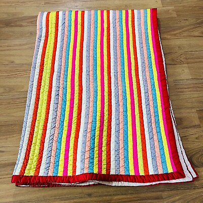 #ad Vintage Rainbow Stripe Handmade Quilt Blanket 7’x5’ Colorful Retro