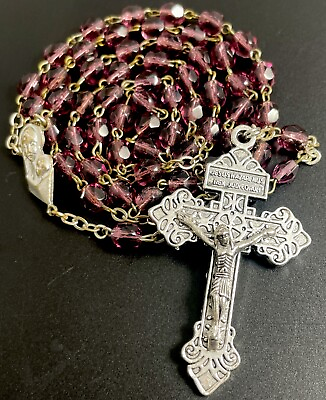#ad Catholic Faceted Purple Glass Rosary Silver Tone Pardon Crucifix Italy