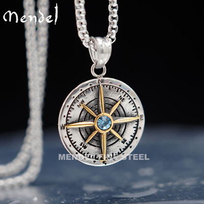 #ad MENDEL Mens Womens Blue CZ Stone Nautical North Star Compass Pendant Necklace