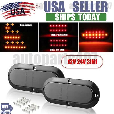 #ad 2X Oval Stop LED Turn Tail Brake Lights Amber Red Flowing DRL Trailer Truck RV