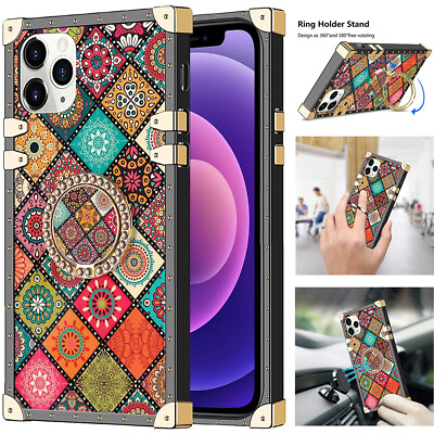 #ad Luxury Pattern Square Case Cover Diamond Metal Ring Kickstand for iPhone Samsung