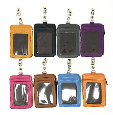 #ad Zipper Leather Vertical ID Badge Holder with 4 card slots and Clip NEW