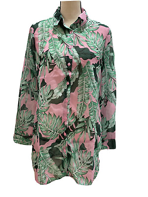 #ad Boohoo Womens Palm Print Chiffon Midi Beach Shirt Long Sleeve Button Up Size 6