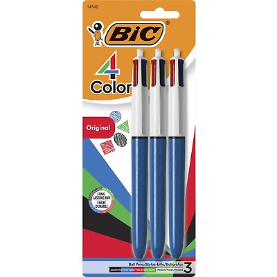 #ad BIC 4 Color Retractable Ballpoint Pen 1mm Black Blue Green Red Ink Blue Barrel