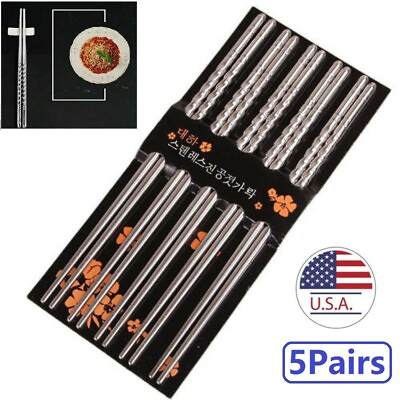 #ad 5Pairs Premium Reusable Metal Stainless Steel Chopsticks Lightweight Chop Sticks
