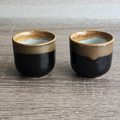 #ad Lot Of 2 Black Brown Design Sake Cup