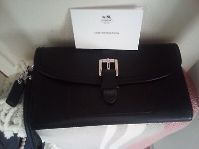 #ad Coach Wristlet Black Leather Wallet Handbag Silver Hardware Snap Closure
